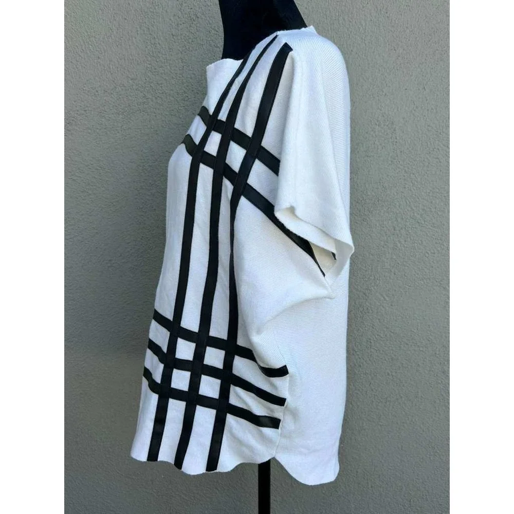Sioni Milano White Ribbed Knit Poncho Faux Leather Grid Trim Top RN 163742